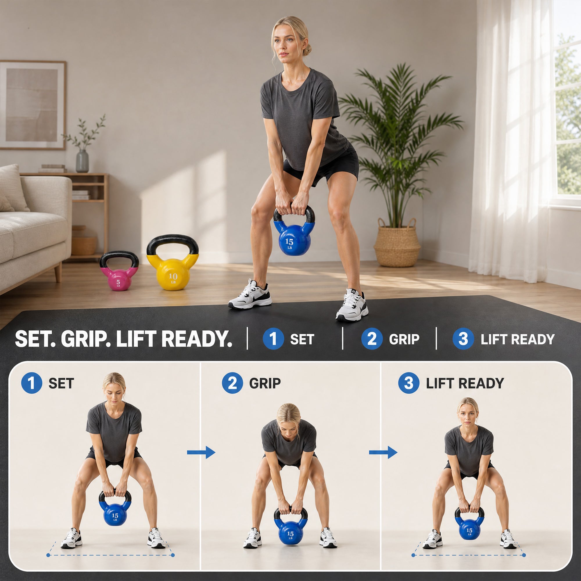 Fitvids Vinyl-Coated Kettlebell Weights, Set of 5, 10, and 15 lb, Multicolor