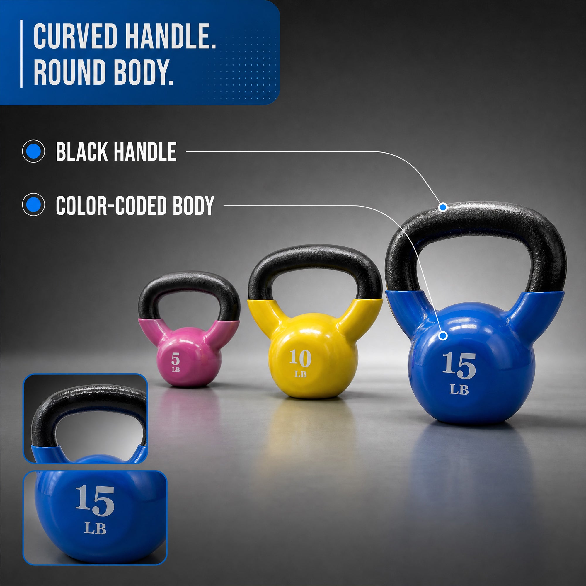 Fitvids Vinyl-Coated Kettlebell Weights, Set of 5, 10, and 15 lb, Multicolor