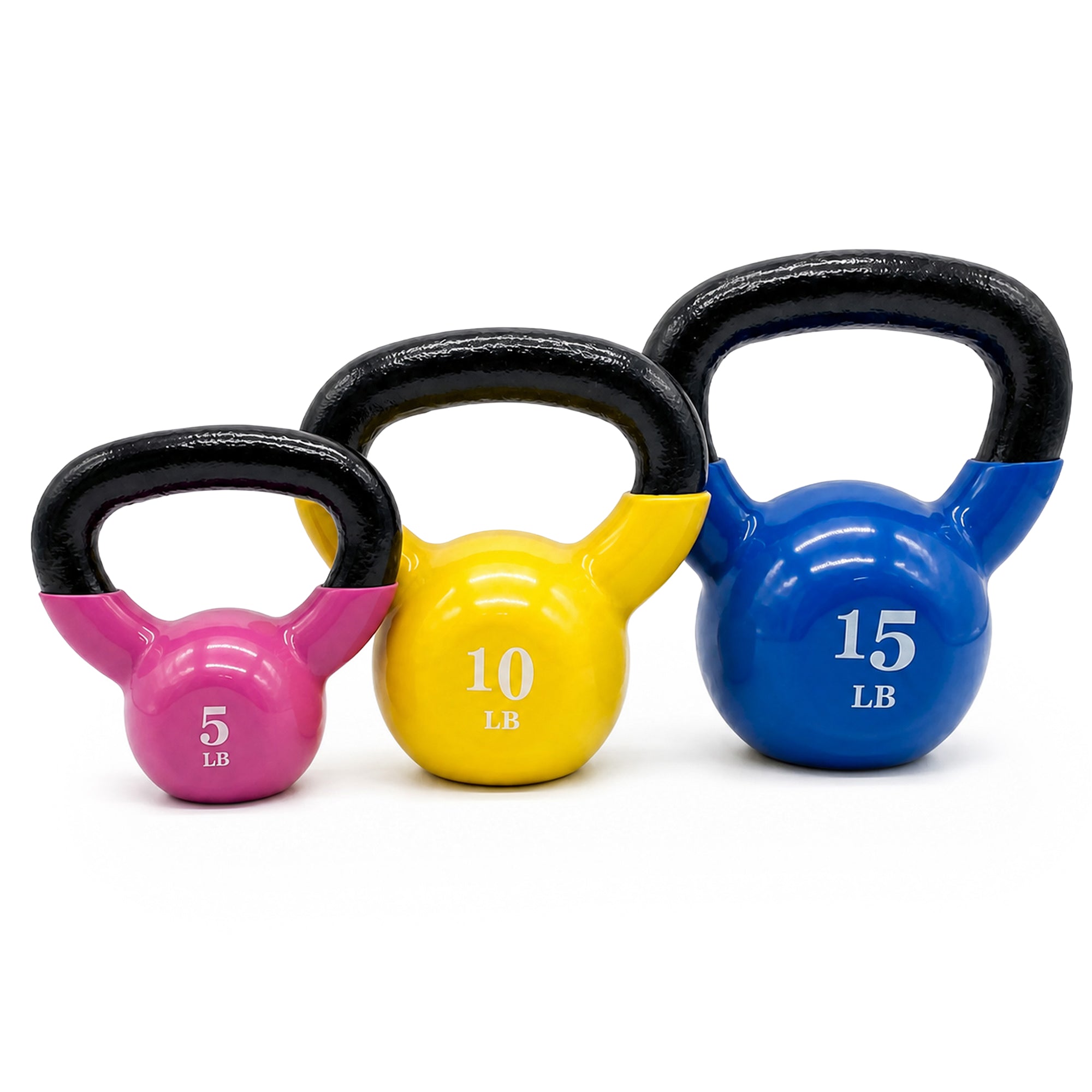 Fitvids Vinyl-Coated Kettlebell Weights, Set of 5, 10, and 15 lb, Multicolor