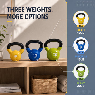 Fitvids Vinyl-Coated Kettlebell Weights, Set of 10, 15, and 20 lb, Multicolor