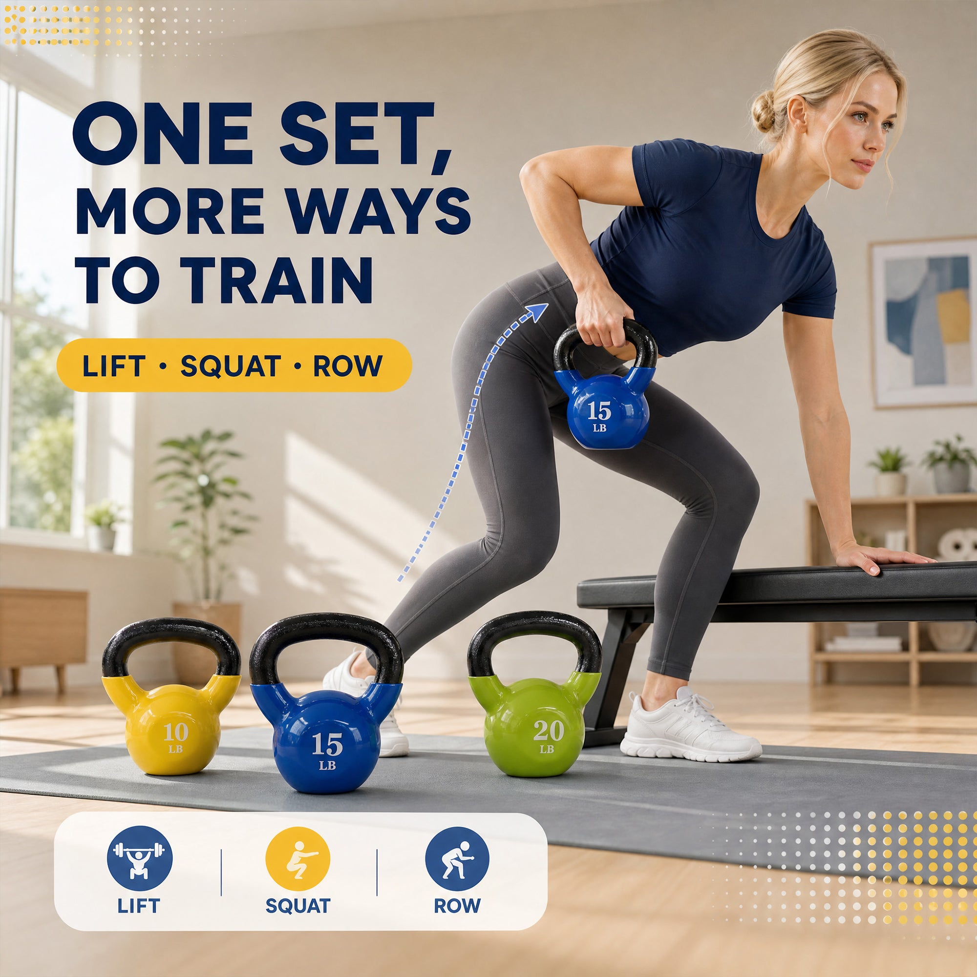 Fitvids Vinyl-Coated Kettlebell Weights, Set of 10, 15, and 20 lb, Multicolor