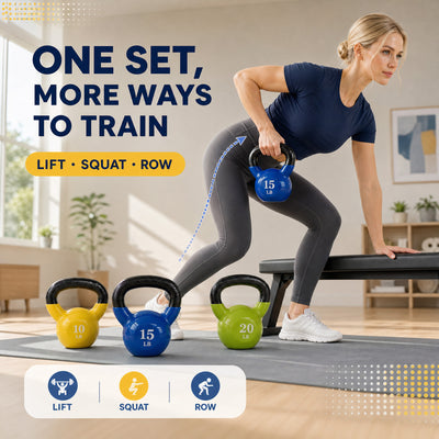 Fitvids Vinyl-Coated Kettlebell Weights, Set of 10, 15, and 20 lb, Multicolor