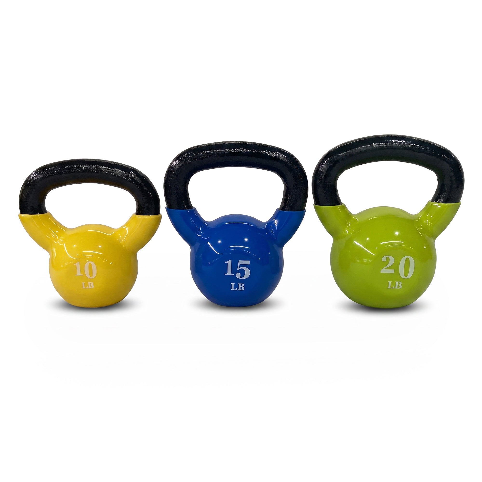 Fitvids Vinyl-Coated Kettlebell Weights, Set of 10, 15, and 20 lb, Multicolor
