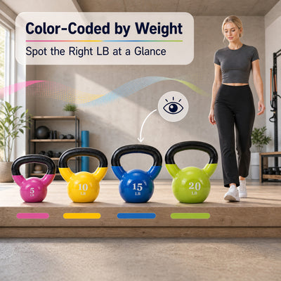 Fitvids Vinyl-Coated Kettlebell Weights, Set of 5, 10, 15, and 20 lb, Multicolor