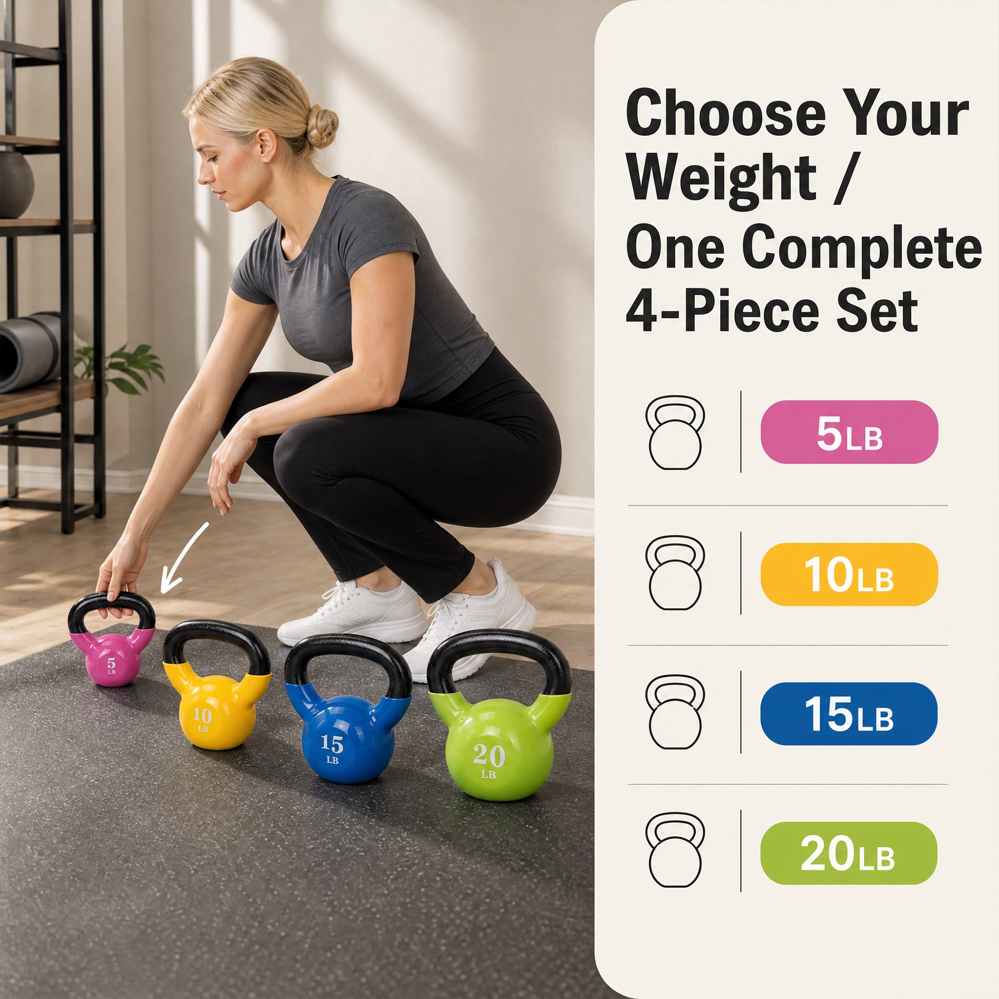 Fitvids Vinyl-Coated Kettlebell Weights, Set of 5, 10, 15, and 20 lb, Multicolor