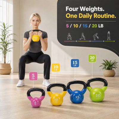 Fitvids Vinyl-Coated Kettlebell Weights, Set of 5, 10, 15, and 20 lb, Multicolor