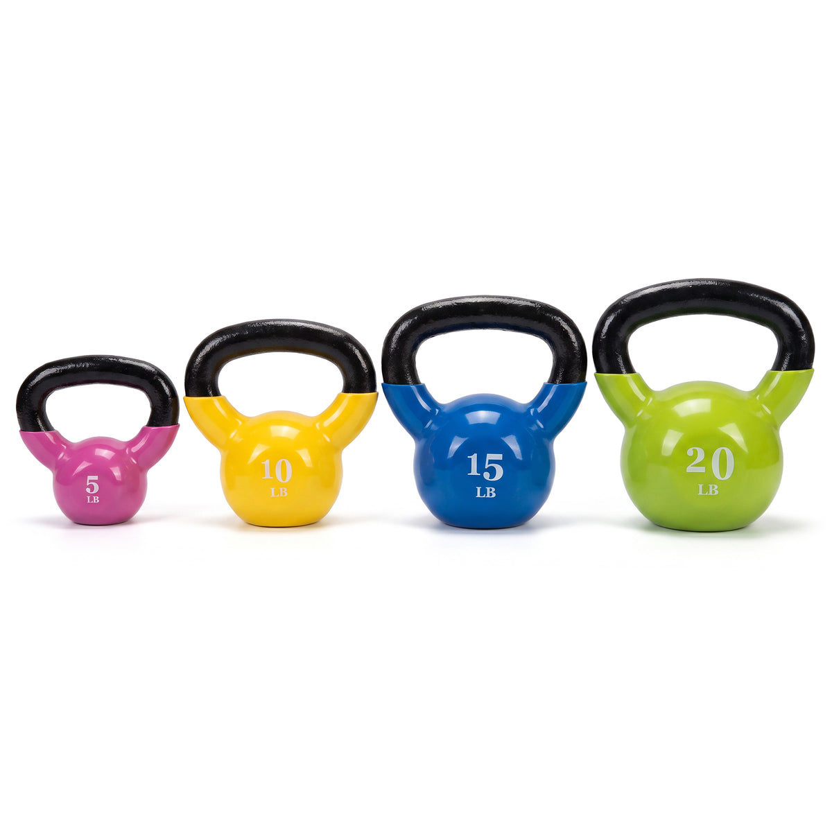 Fitvids Vinyl-Coated Kettlebell Weights, Set of 5, 10, 15, and 20 lb, Multicolor