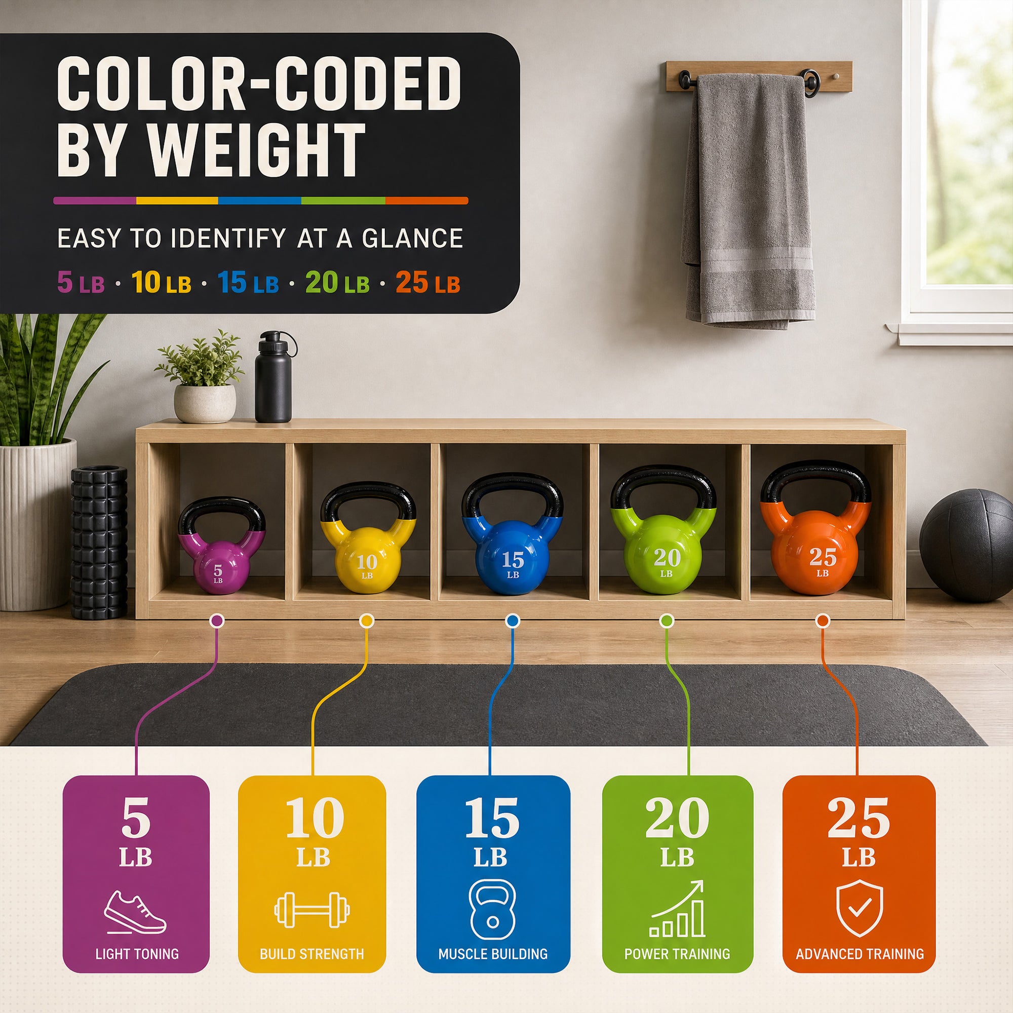 Fitvids Vinyl-Coated Kettlebell Weight Set of 5, 10, 15, 20 & 25 lb, Multicolor