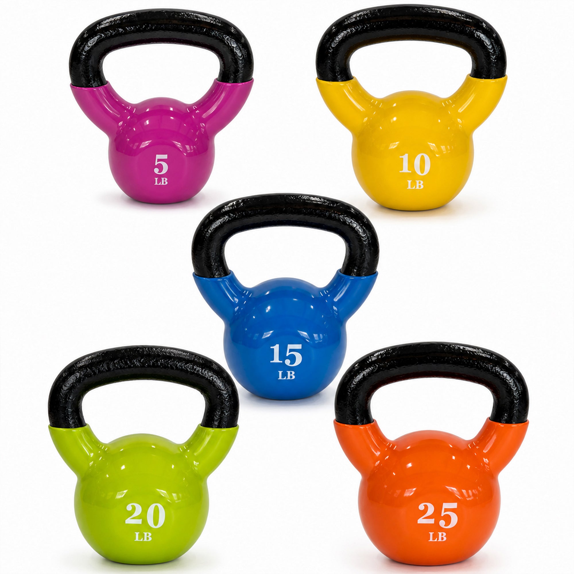 Fitvids Vinyl-Coated Kettlebell Weight Set of 5, 10, 15, 20 & 25 lb, Multicolor