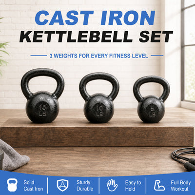 BalanceFrom Cast Iron Kettlebell Set for Home Gym Training, 5 lb, 10 lb, & 15 lb