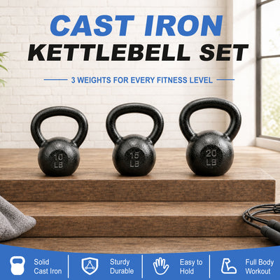 BalanceFrom Cast Iron Kettlebell Weights Set w/ Handle, 10, 15, and 20 lb, Gray