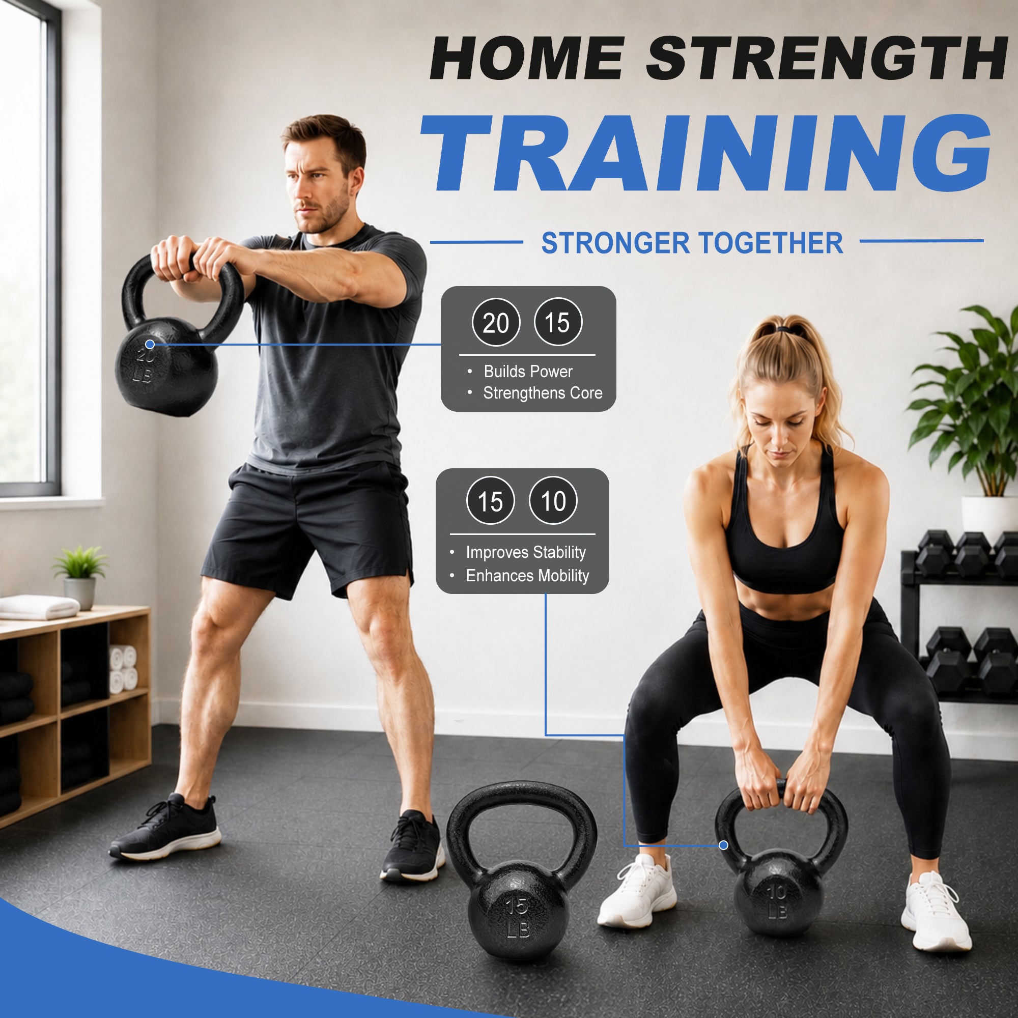 BalanceFrom Cast Iron Kettlebell Weights Set w/ Handle, 10, 15, and 20 lb, Gray