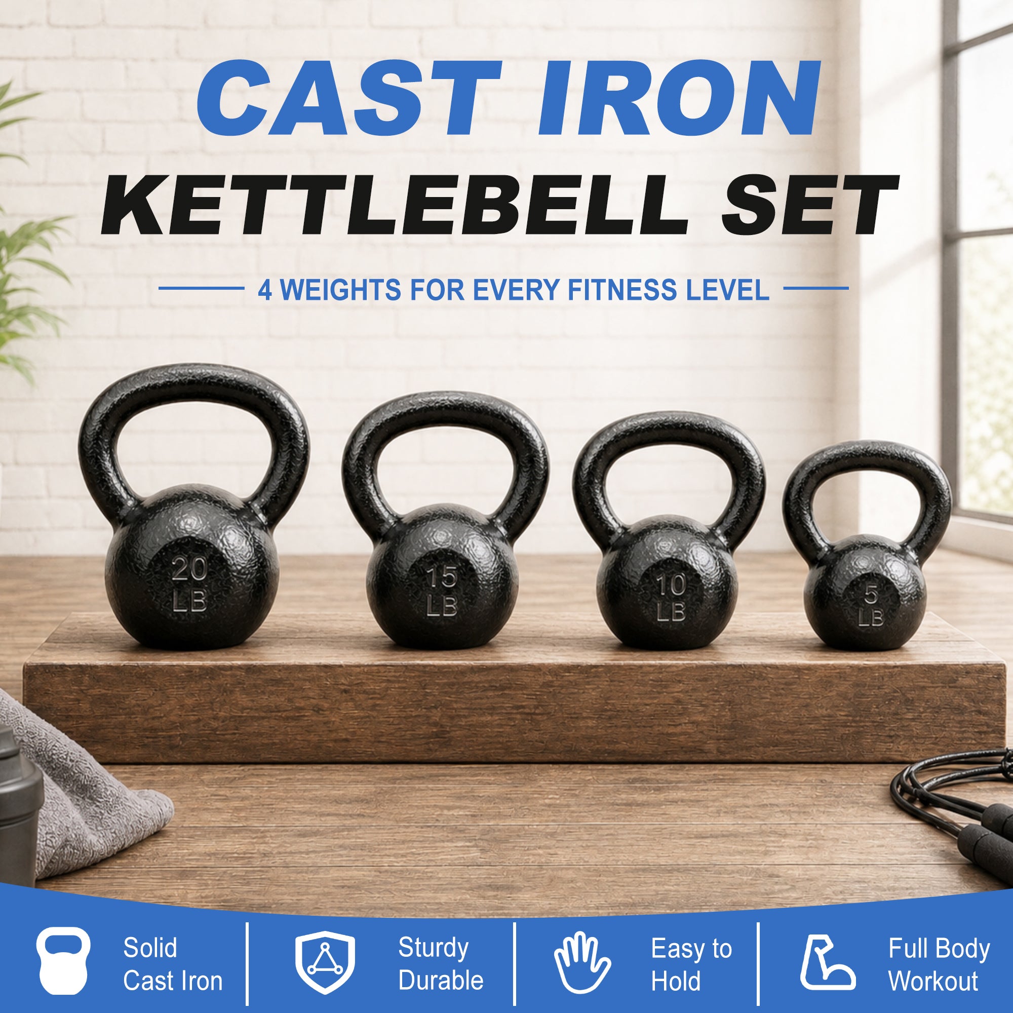 BalanceFrom Cast Iron Kettlebell Set for Home Gym, 5 lb, 10 lb, 15 lb, & 20 lb