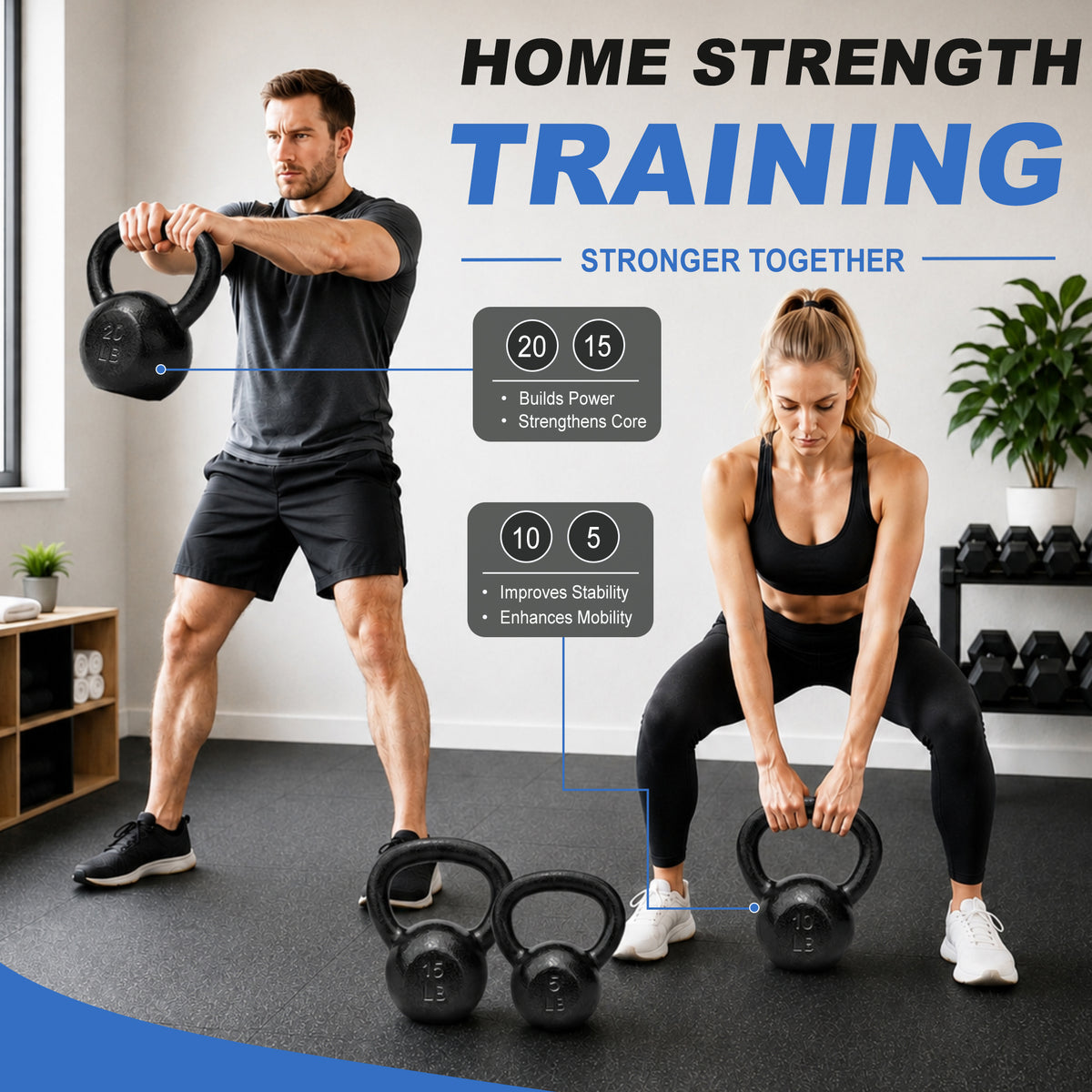 BalanceFrom Cast Iron Kettlebell Set for Home Gym, 5 lb, 10 lb, 15 lb, & 20 lb