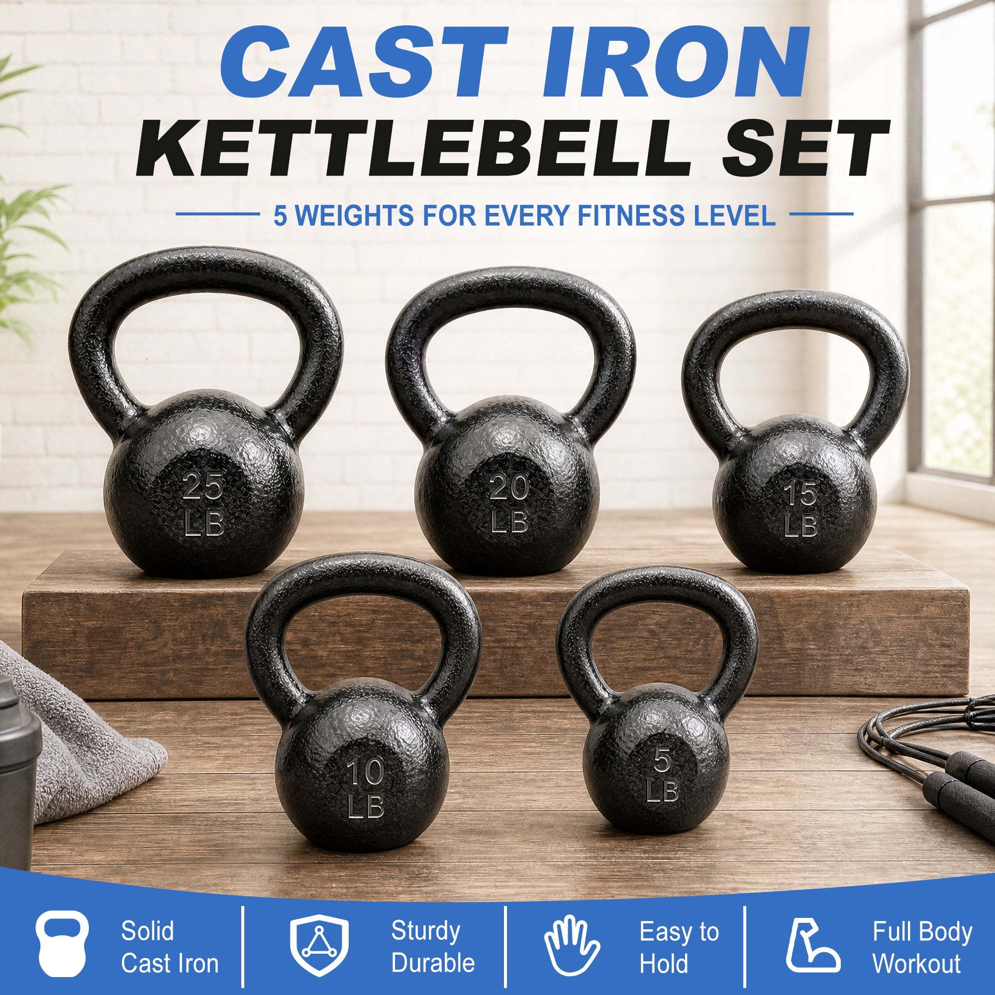 BalanceFrom Cast Iron Kettlebell Set for Home Gym, 5lb, 10lb, 15lb, 20lb, & 25lb