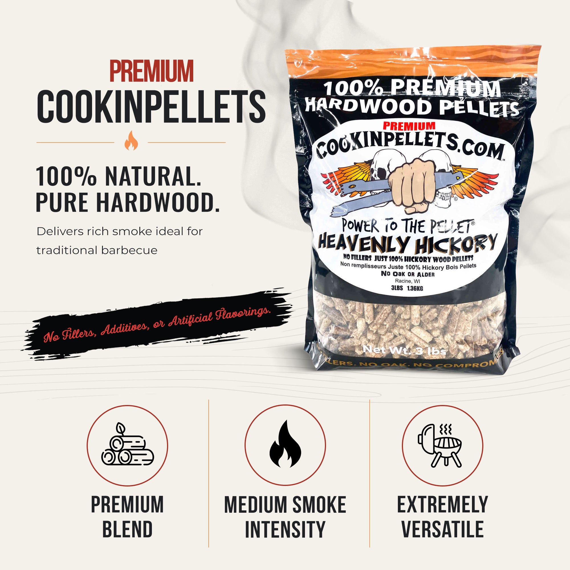 CookinPellets Heavenly Hickory Wood Pellets, Indoor Outdoor Smoker, 3Lbs, 5 Pack - VMInnovations