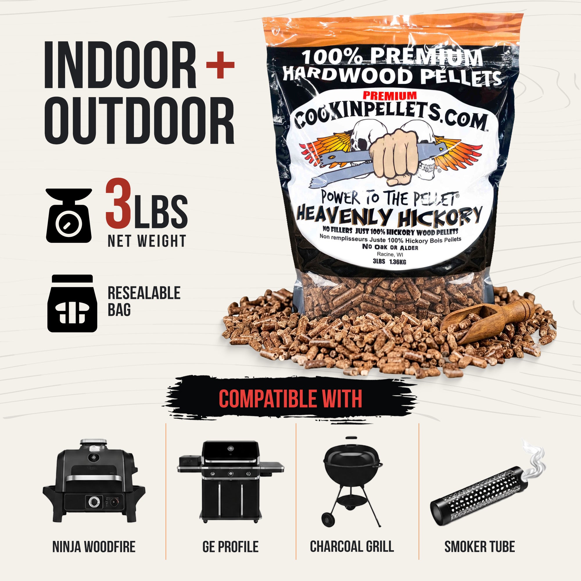 CookinPellets Heavenly Hickory Wood Pellets, Indoor Outdoor Smoker, 3Lbs, 3 Pack - VMInnovations