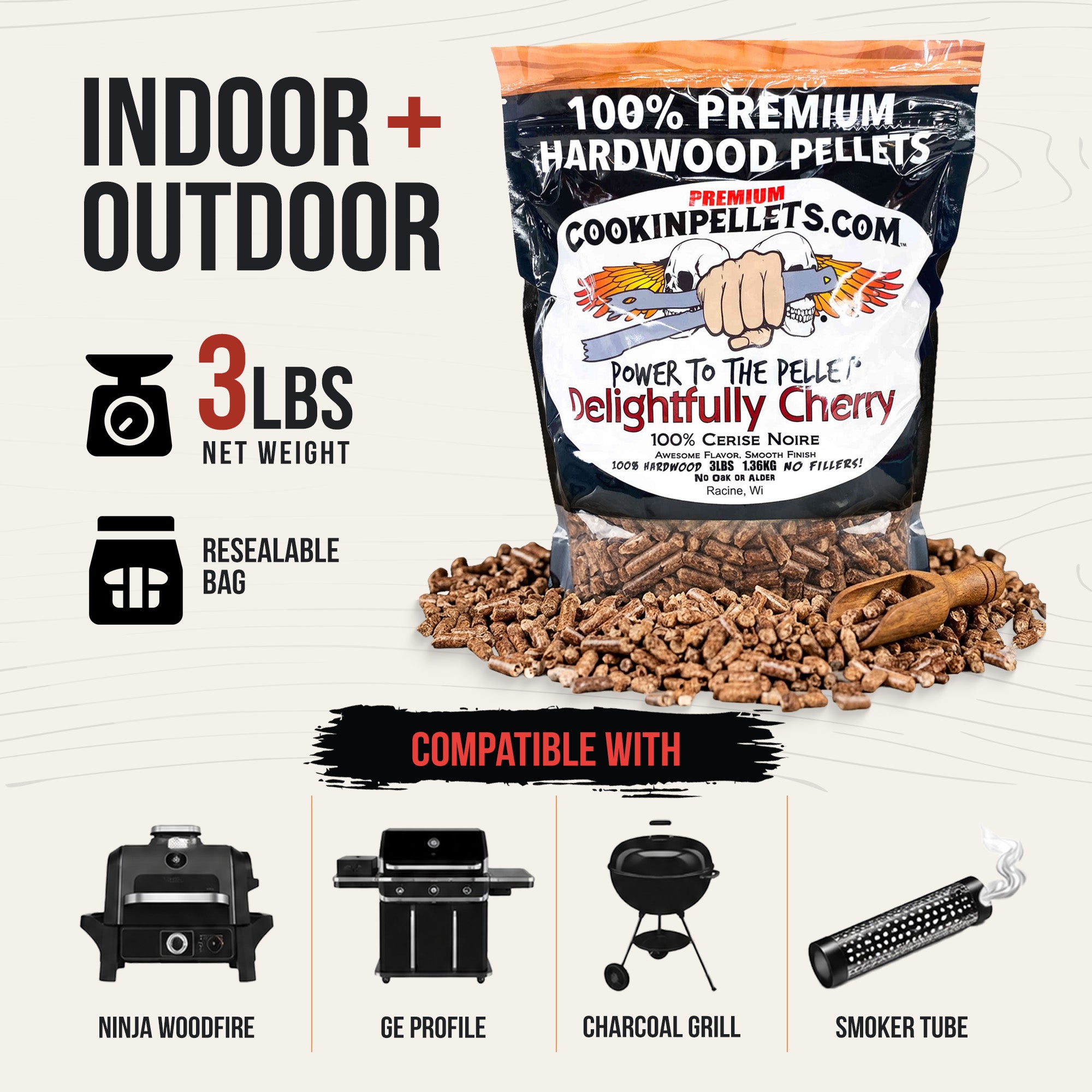 CookinPellets Delightful Cherry Wood Pellets, Indoor Outdoor Smoker, 3lb, 5 Pack - VMInnovations