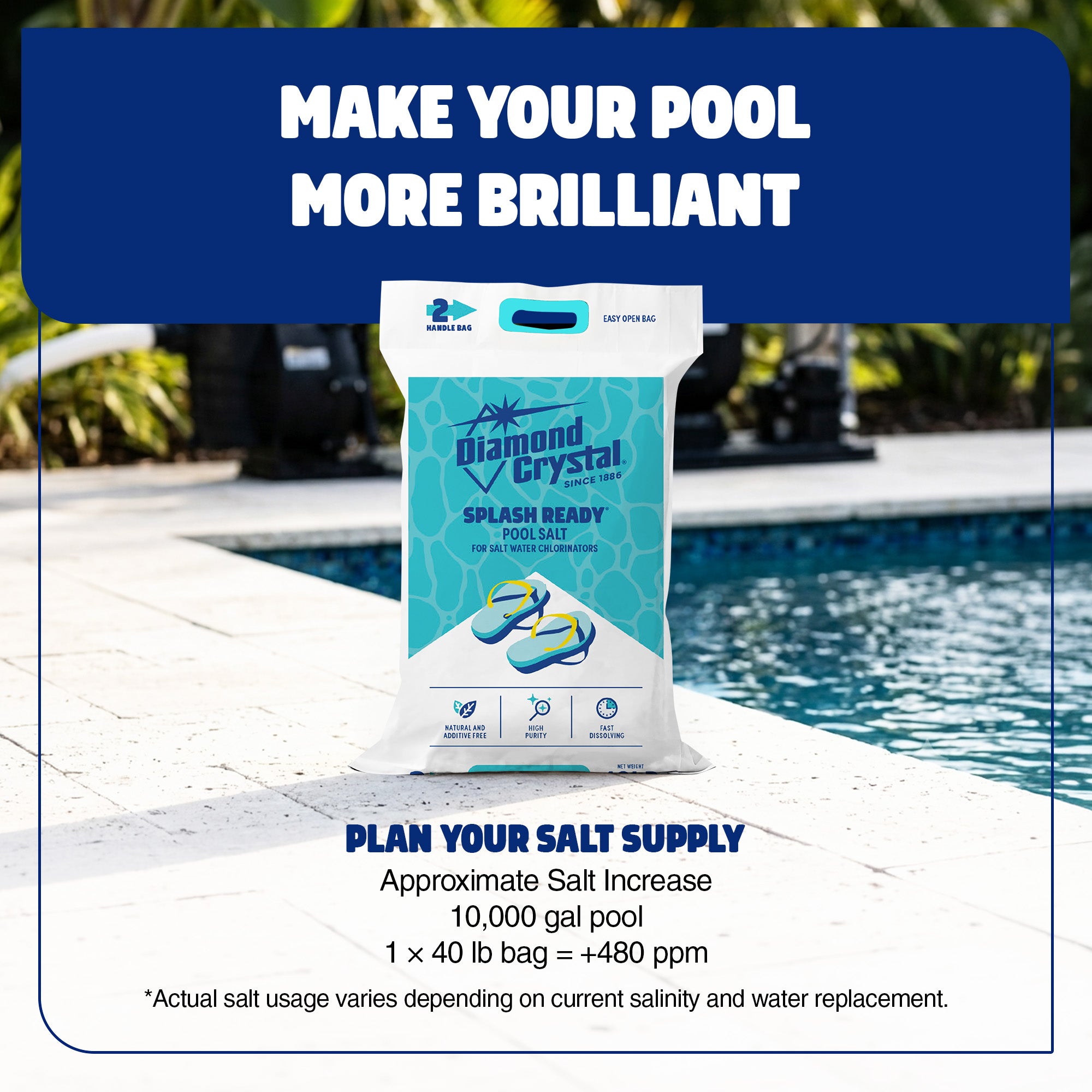 Diamond Crystal Splash Ready Pool Salt for Salt Water Chlorinators, 40 Pounds