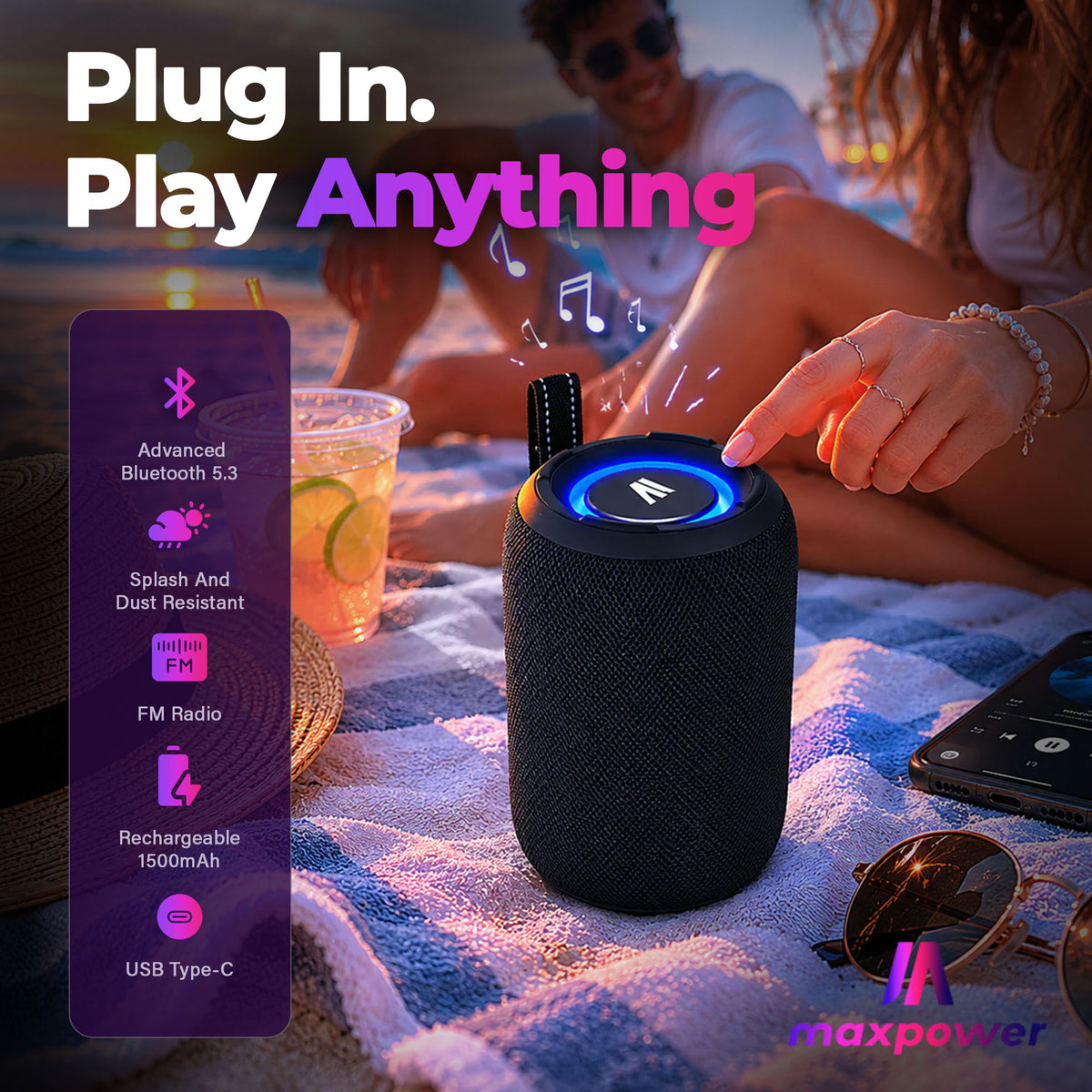 Max Power MPD395 Pulse Boom Portable Bluetooth Speaker with Heavy Bass, Black - VMInnovations