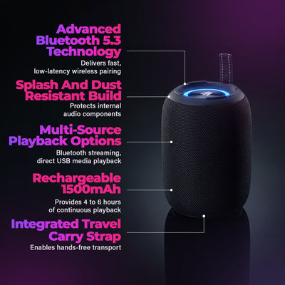 Max Power MPD395 Pulse Boom Portable Bluetooth Speaker with Heavy Bass, Black - VMInnovations