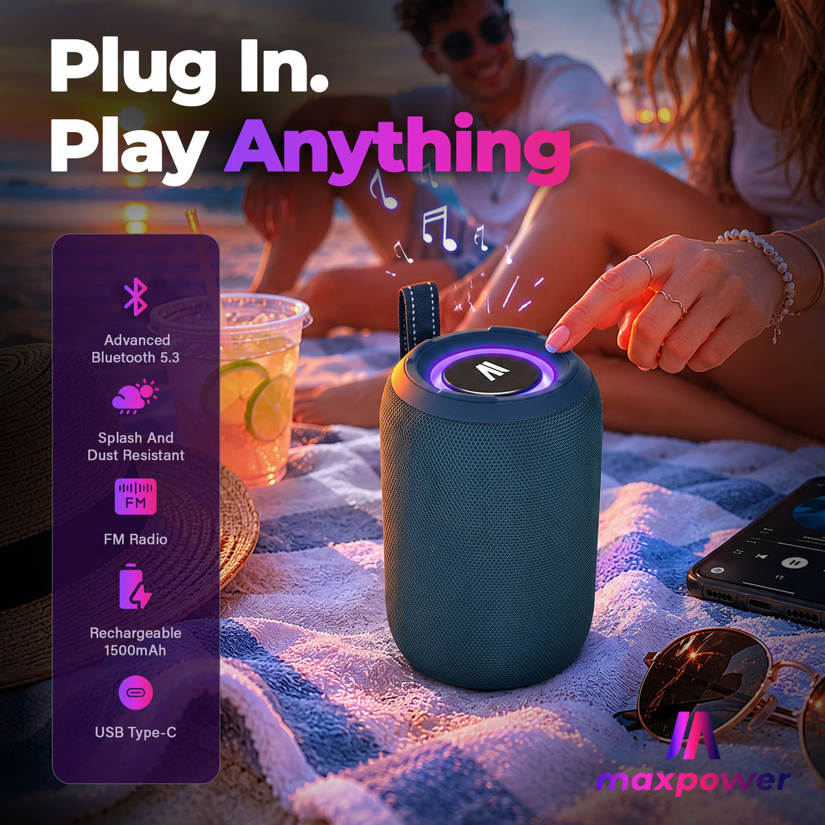 Max Power MPD395 Pulse Boom Portable Bluetooth Speaker with Heavy Bass, Blue - VMInnovations