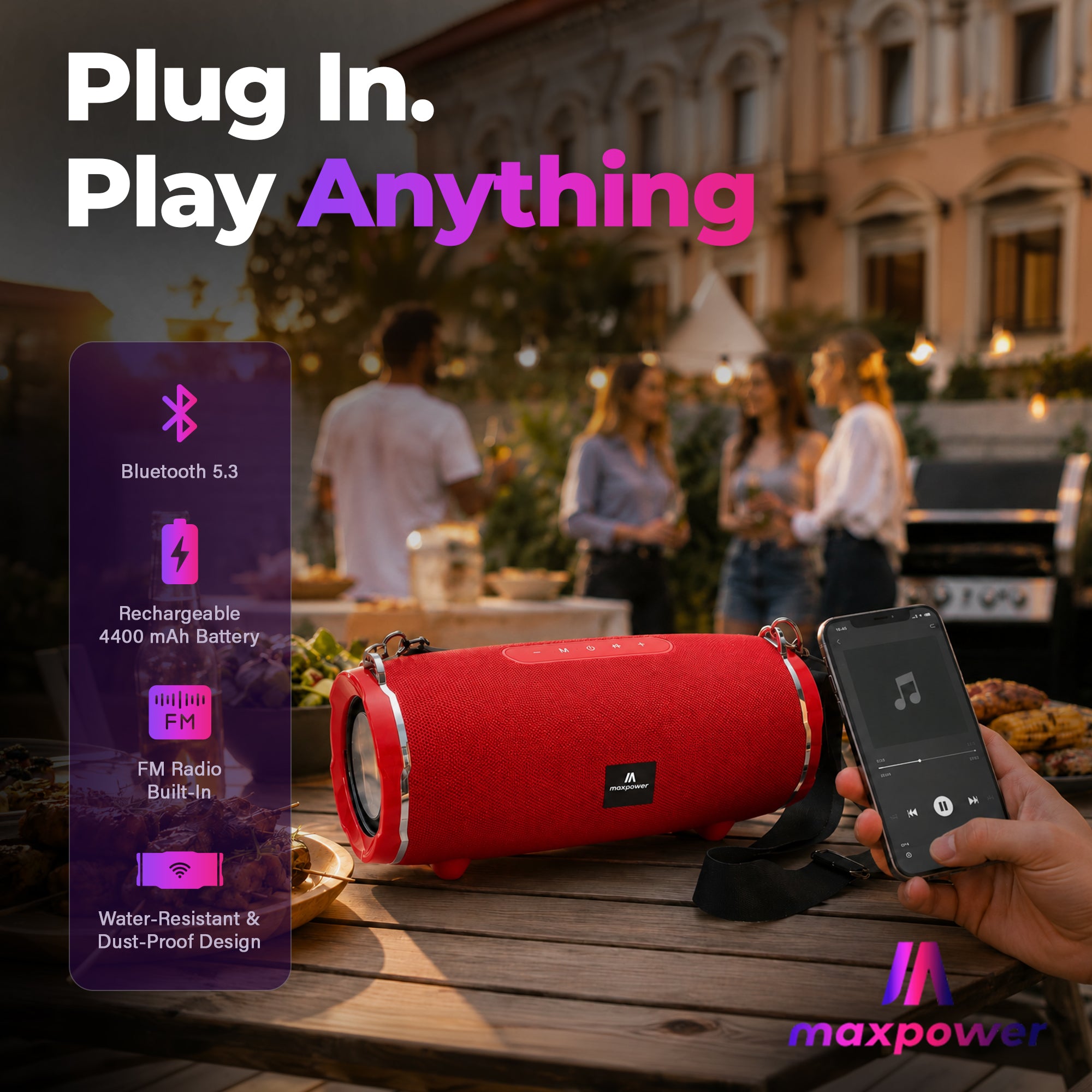 Max Power Encore Portable Wireless Outdoor Speaker with Bluetooth 5.3 and Strap - VMInnovations