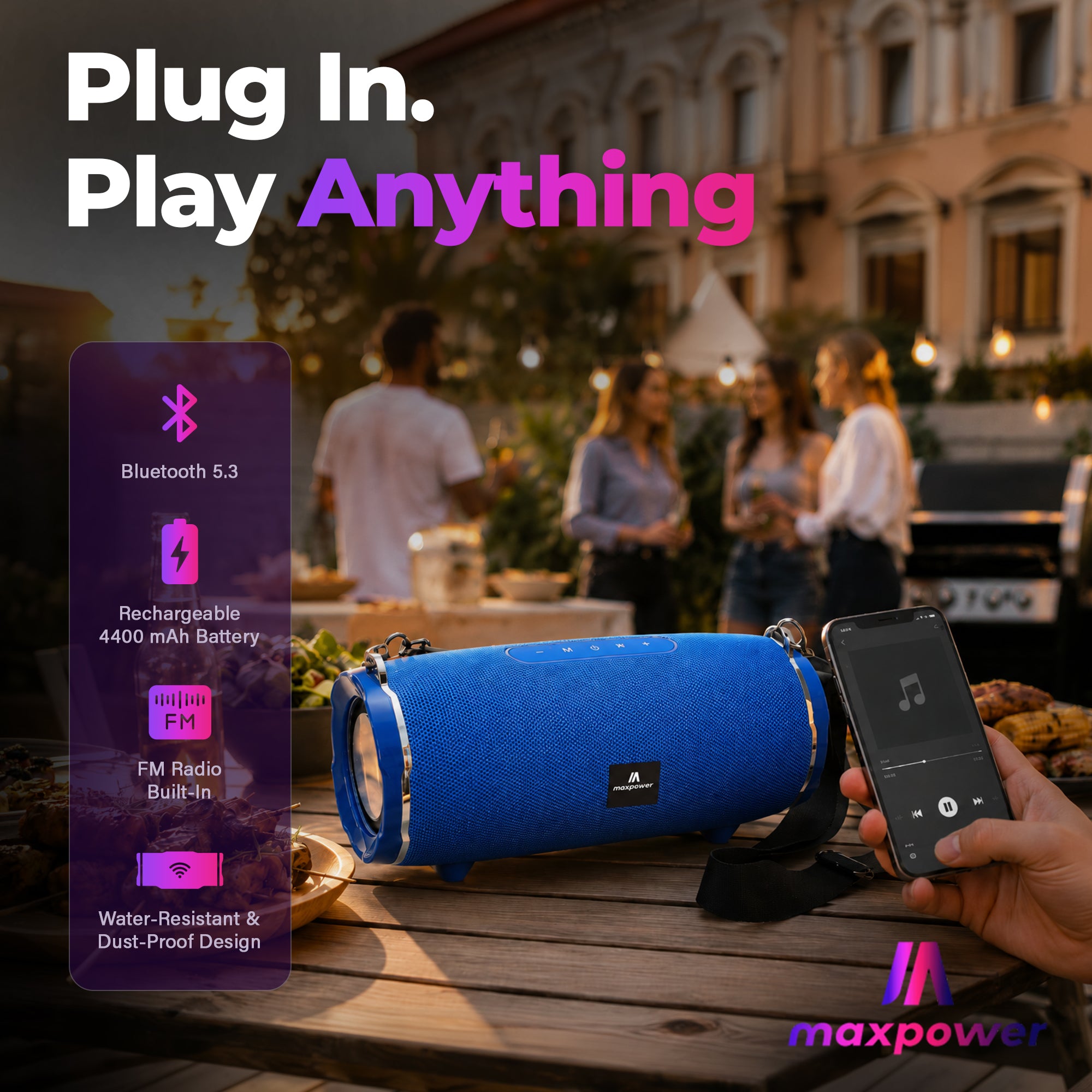 Max Power Encore Portable Outdoor Wireless Speaker with Bluetooth 5.3, Blue - VMInnovations