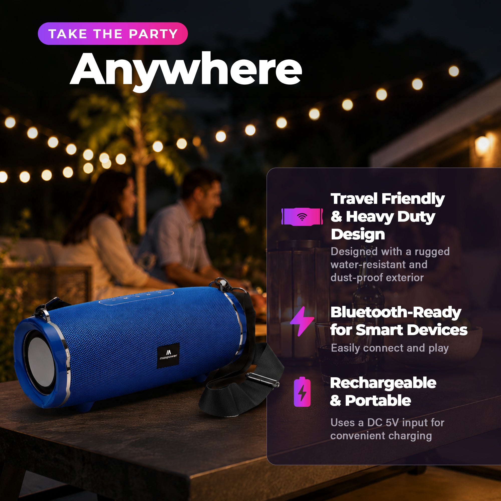 Max Power Encore Portable Outdoor Wireless Speaker with Bluetooth 5.3, Blue - VMInnovations