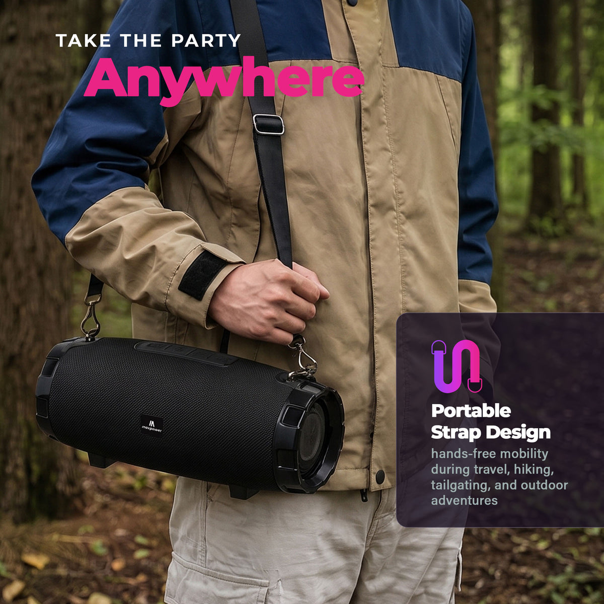 Max Power MPD526 Cyclone 2.0 Rechargeable Bluetooth Speaker, Carry Strap, Black - VMInnovations