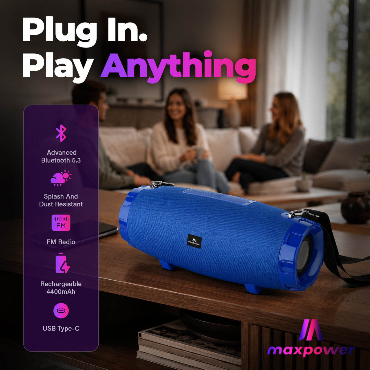 Max Power MPD526 Cyclone 2.0 Rechargeable Bluetooth Speaker, Carry Strap, Blue