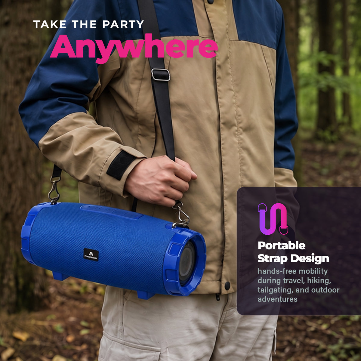Max Power MPD526 Cyclone 2.0 Rechargeable Bluetooth Speaker, Carry Strap, Blue