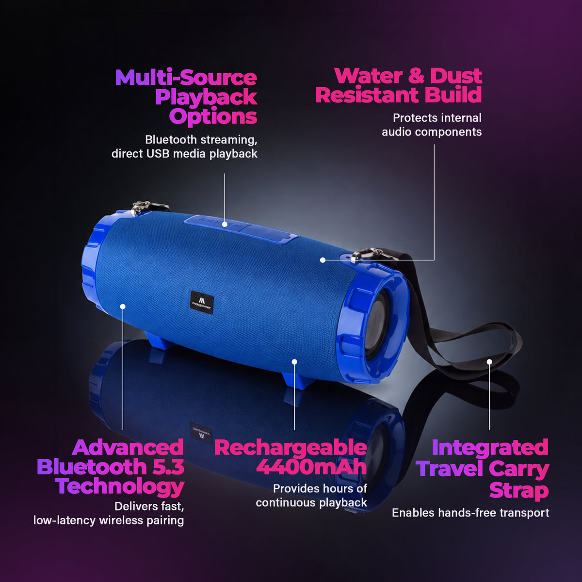 Max Power MPD526 Cyclone 2.0 Rechargeable Bluetooth Speaker, Carry Strap, Blue