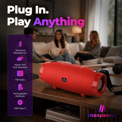 Max Power MPD526 Cyclone 2.0 Rechargeable Bluetooth Speaker, Carry Strap, Red