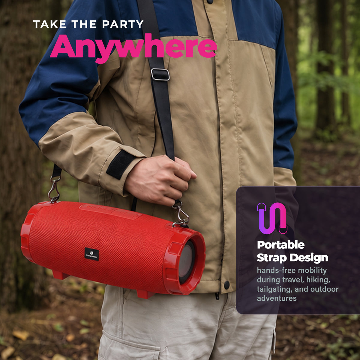 Max Power MPD526 Cyclone 2.0 Rechargeable Bluetooth Speaker, Carry Strap, Red