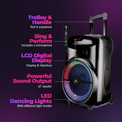 Max Power Rumble 12 Karaoke Bluetooth Trolley Speaker with Adjustable DJ Stand