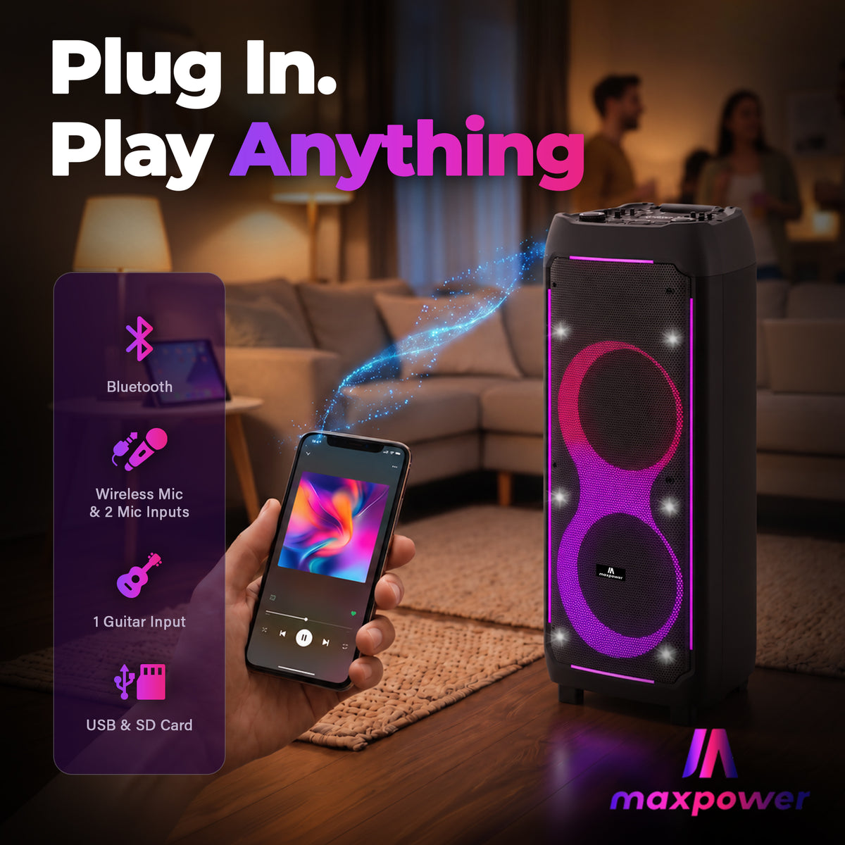 Max Power Thunder X-Bass Portable Party Speaker, Dual 10-Inch Woofers, Bluetooth