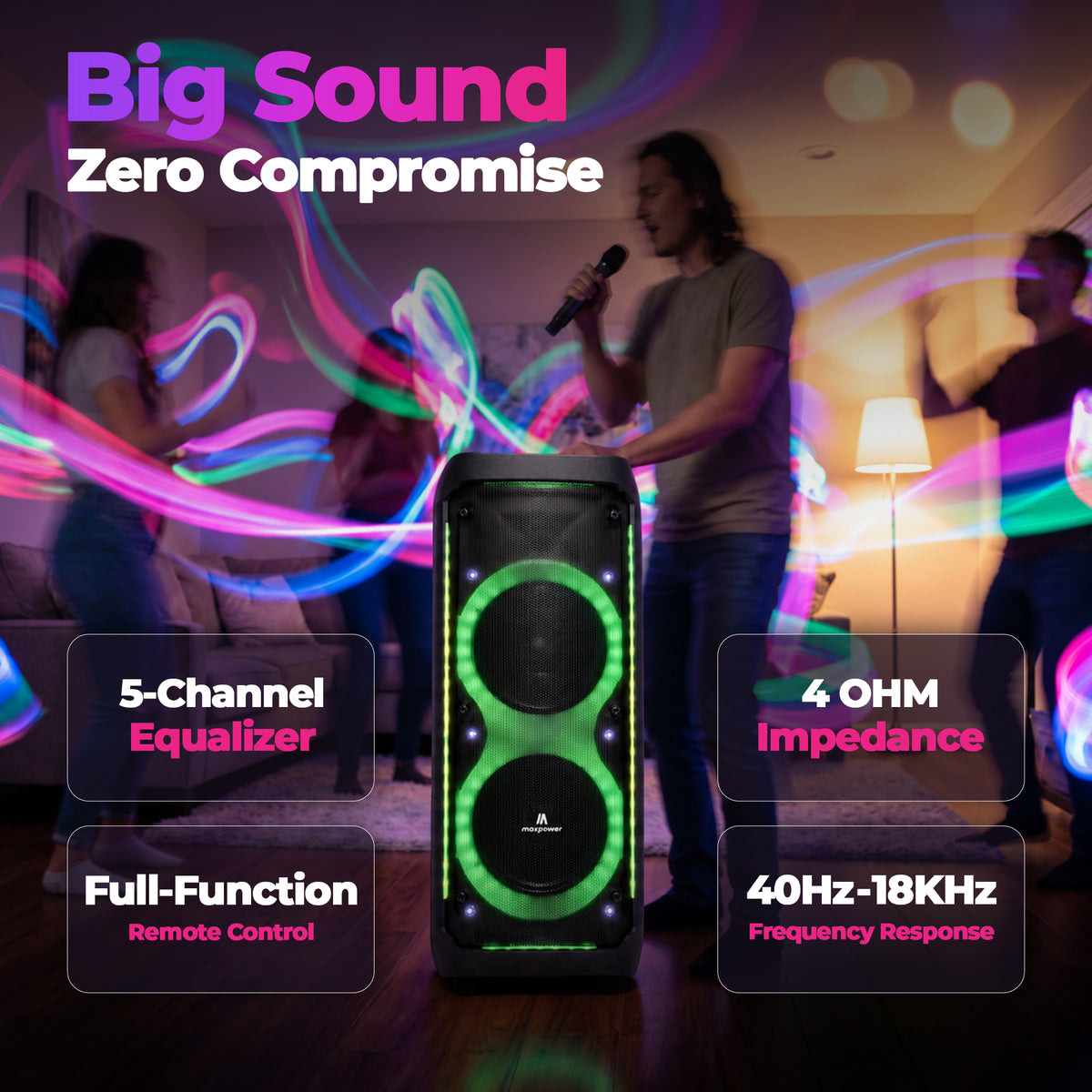 Max Power Thunder X-Bass Portable Party Speaker, Dual 10-Inch Woofers, Bluetooth