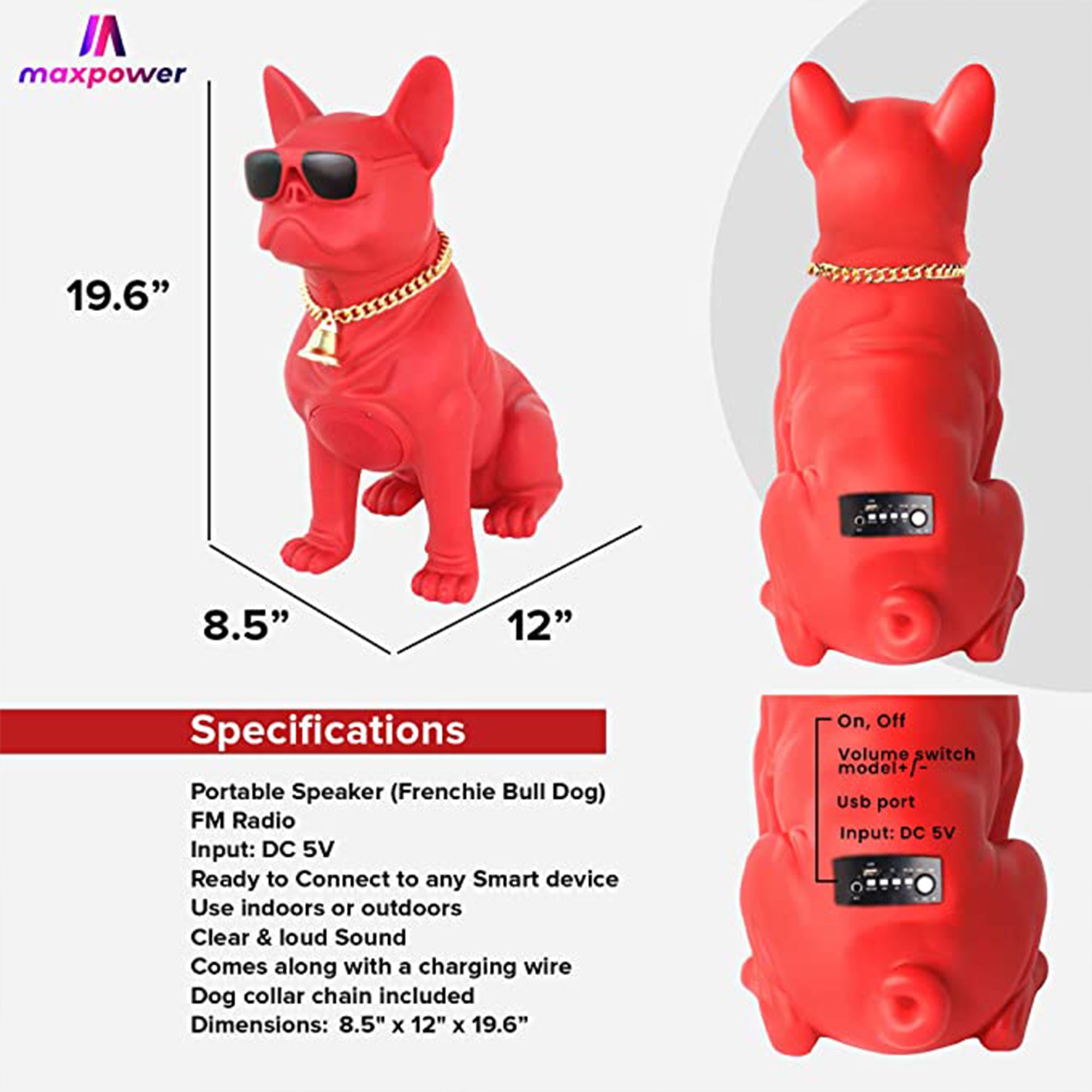 Max Power Bulldog Bluetooth Speaker, Large Wireless Novelty Party Stereo, Red