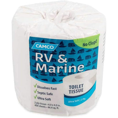 Camco TST 2-Ply Toilet Paper, Individual Roll, 400 Flushable Tissue Sheets White - VMInnovations