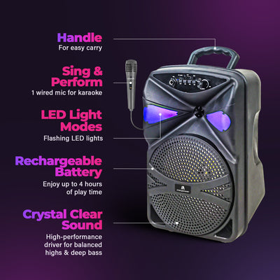 Max Power MPD827 Karaoke Bluetooth Speaker with 8" Woofer, Mic and Carry Handle