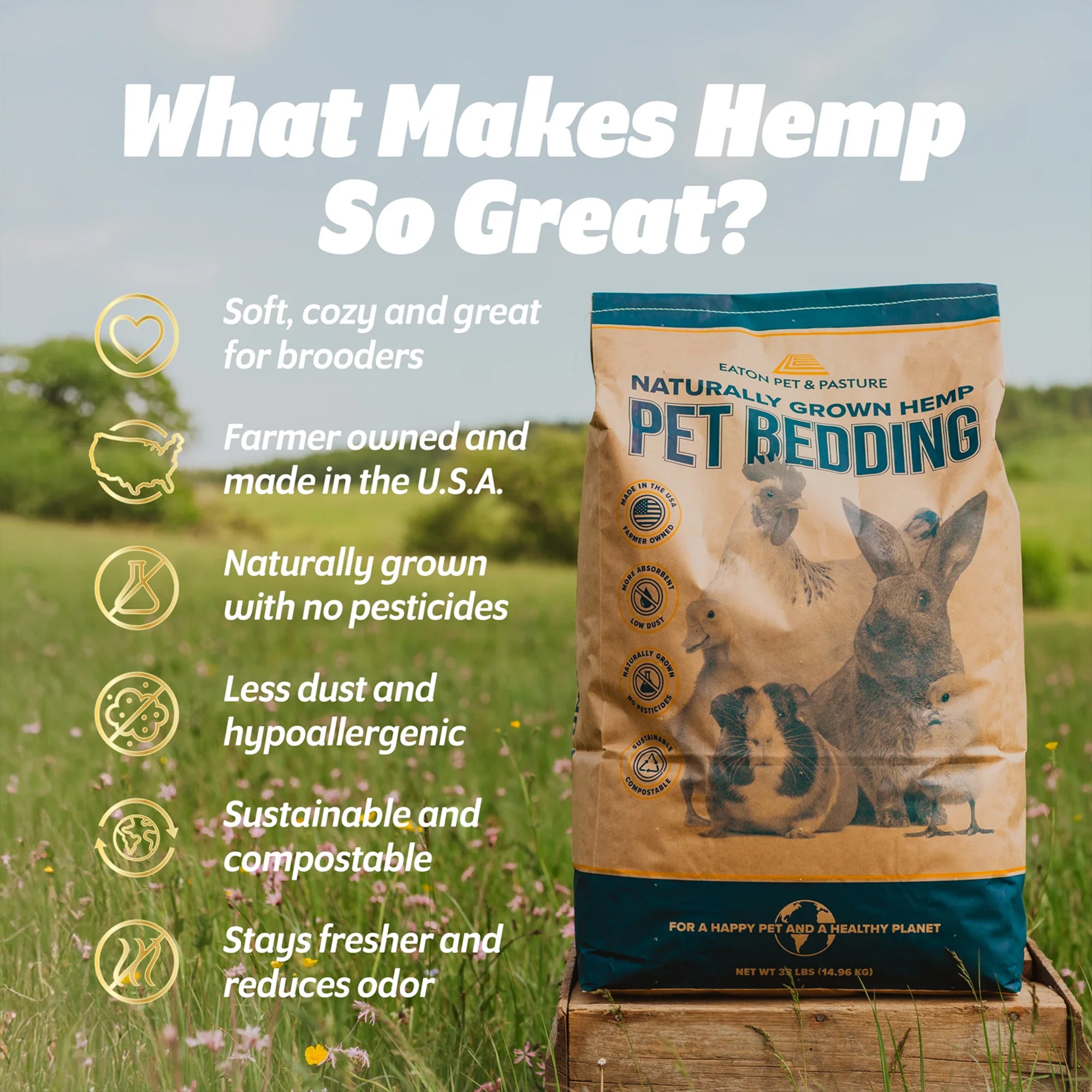 Eaton Pet and Pasture Hemp Bedding for Chickens, Rabbits & Small Animals, 33 Lb - VMInnovations