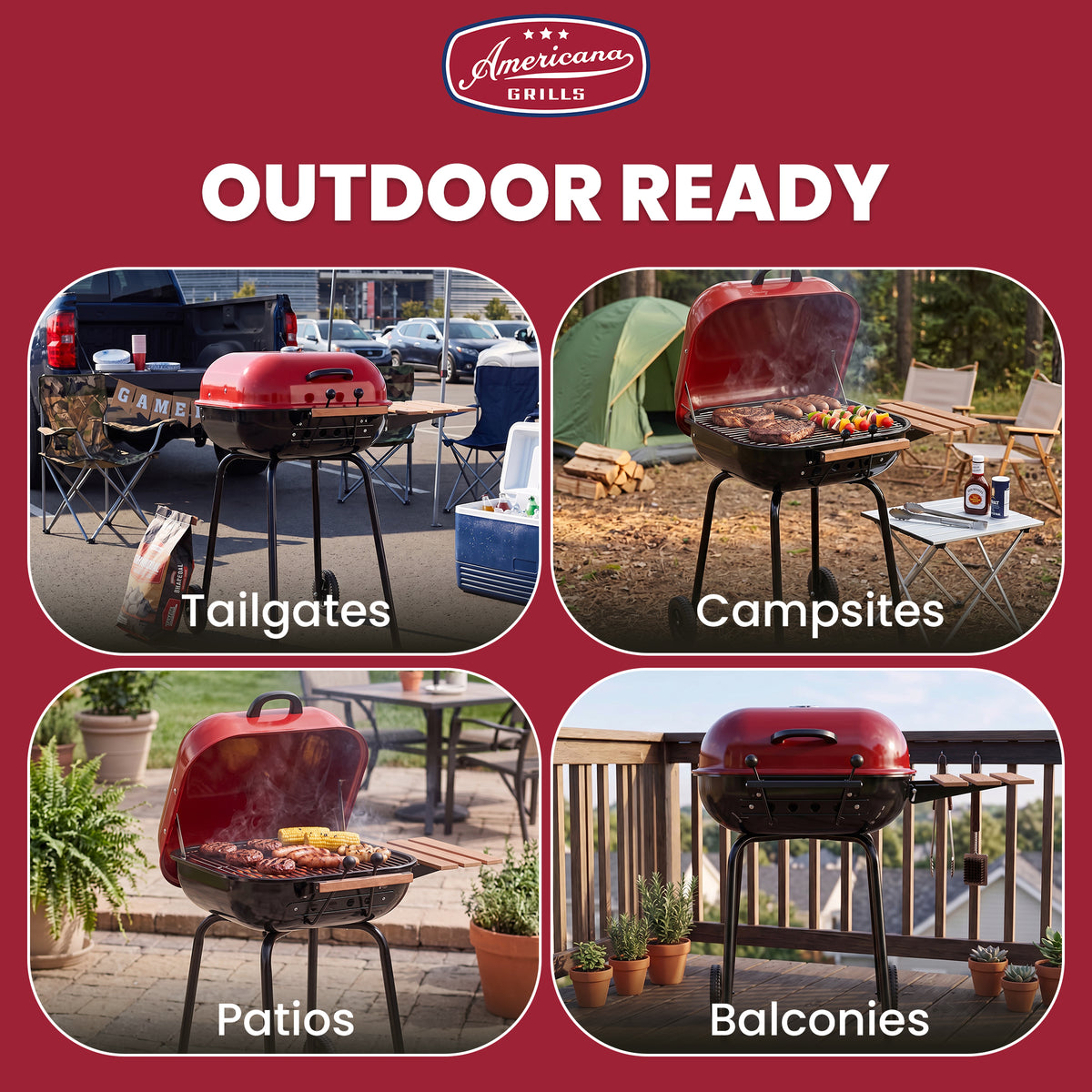 Americana The Swinger Portable Charcoal BBQ Grill with One Side Table, Red - VMInnovations