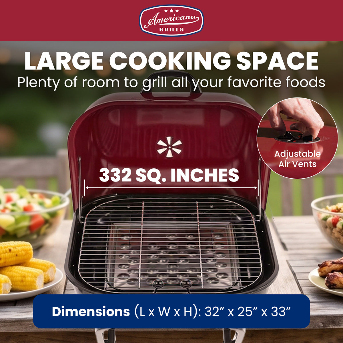 Americana The Swinger Portable Charcoal BBQ Grill with One Side Table, Red - VMInnovations
