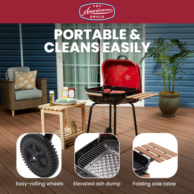 Americana The Swinger Portable Charcoal BBQ Grill with One Side Table, Red - VMInnovations