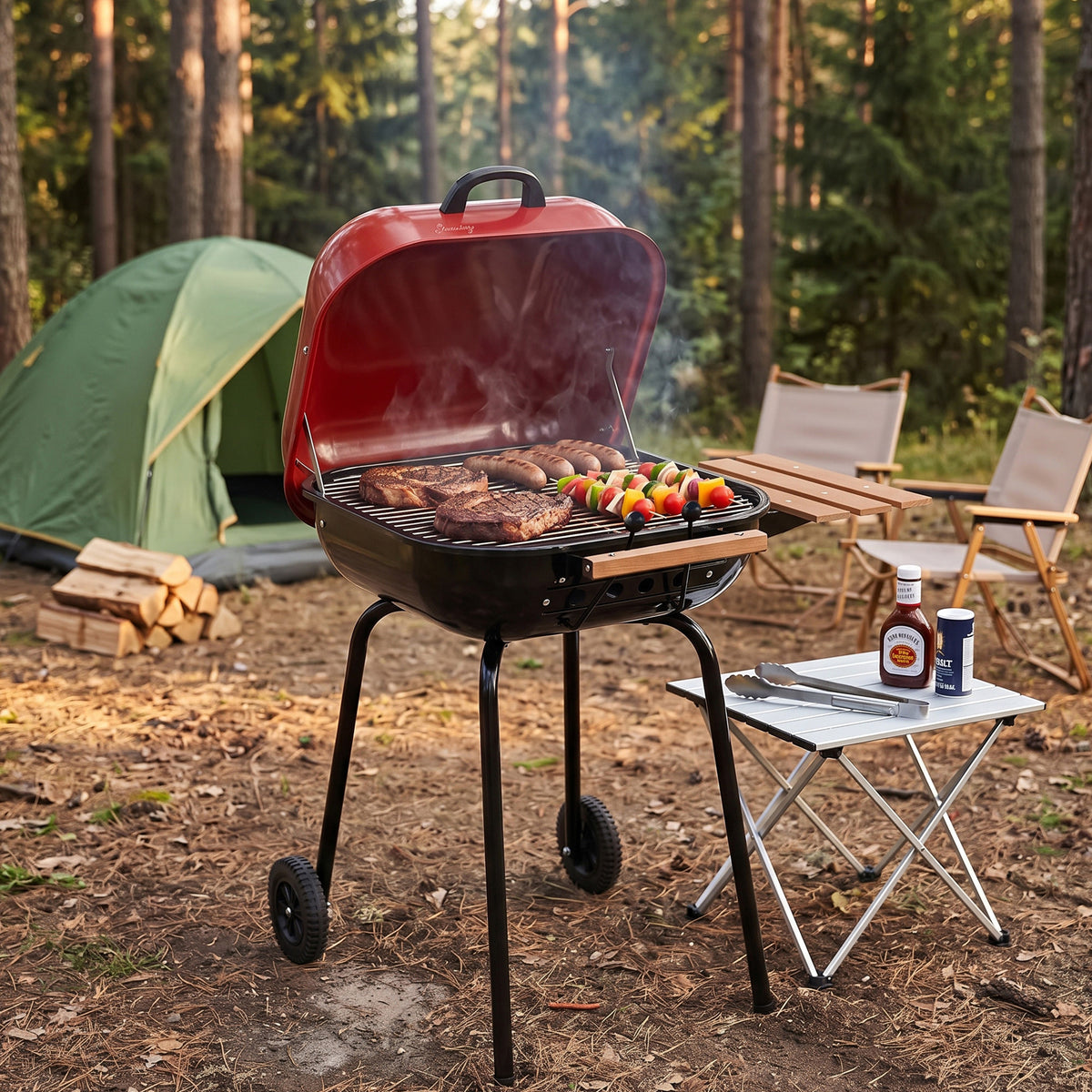 Americana The Swinger Portable Charcoal BBQ Grill with One Side Table, Red - VMInnovations