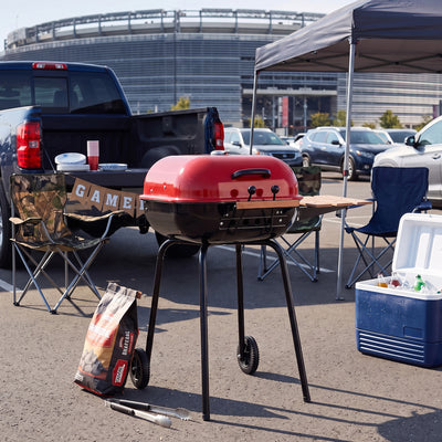 Americana The Swinger Portable Charcoal BBQ Grill with One Side Table, Red - VMInnovations