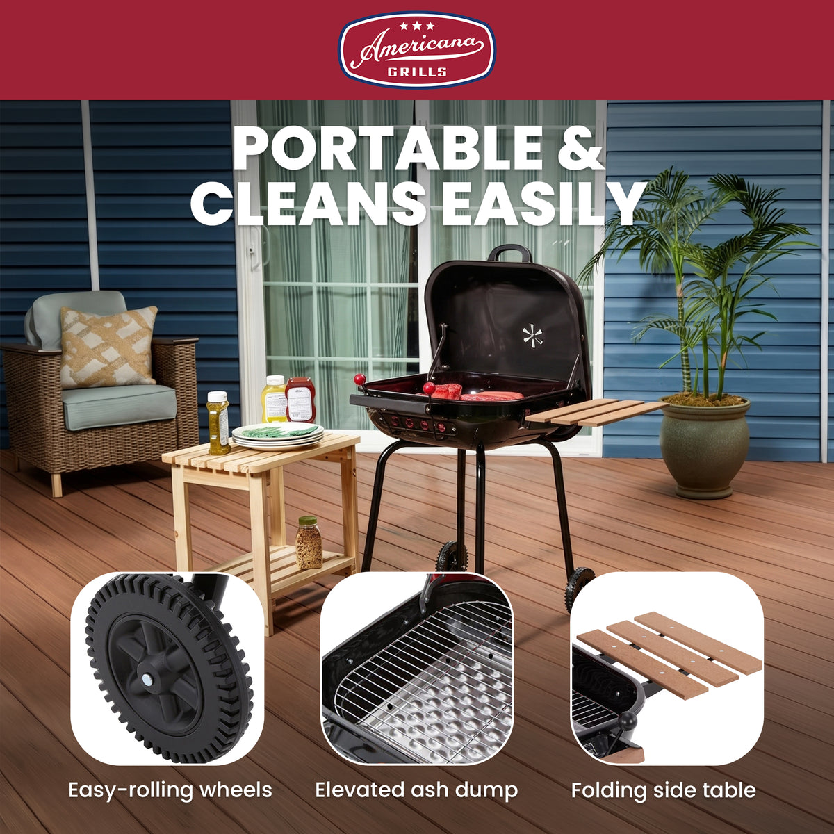 Americana The Swinger Portable Charcoal BBQ Grill w/ One Side Table, Black - VMInnovations