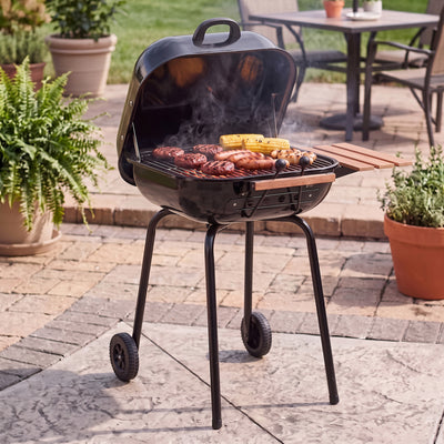 Americana The Swinger Portable Charcoal BBQ Grill w/ One Side Table, Black - VMInnovations