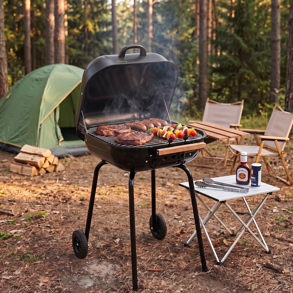 Americana The Swinger Portable Charcoal BBQ Grill w/ One Side Table, Black - VMInnovations